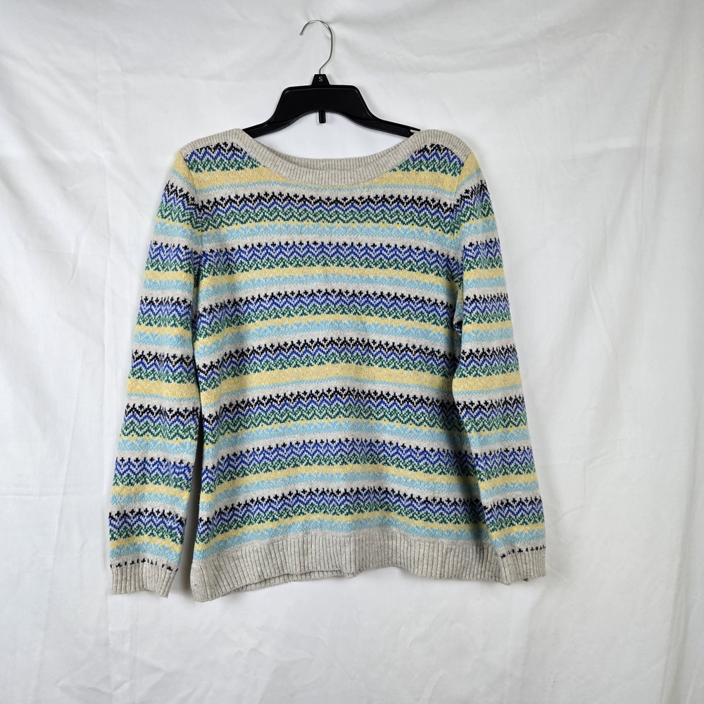 Talbots Women's Ivory Blue Fair Isle Striped Boatneck Long Sleeve Sweater Large